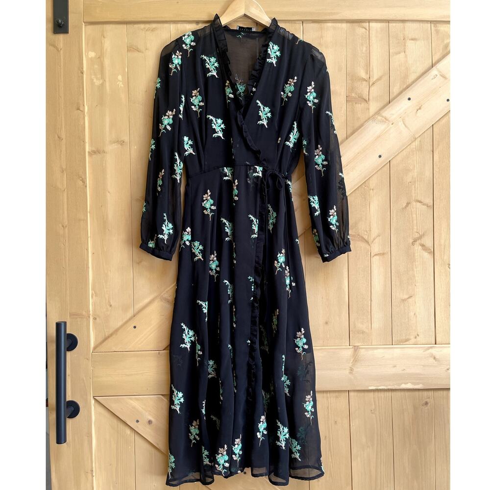 Sandro Paris Embroidered Faux Wrap Midi Black Ruffled Dress Size 1 Small FR 36